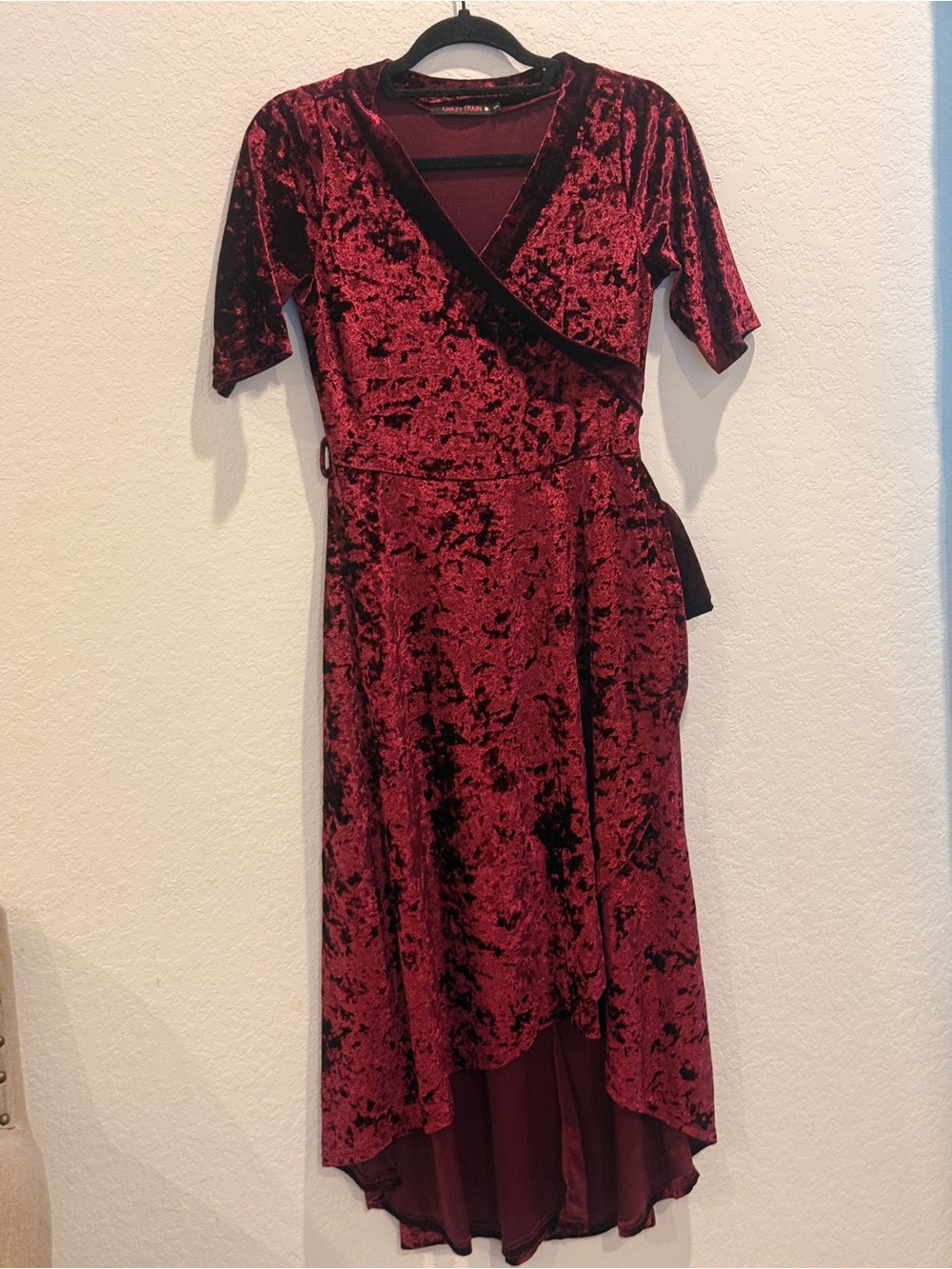 Crazy Train Crushed Velvet High-Low Wrap Dress in Wine Red